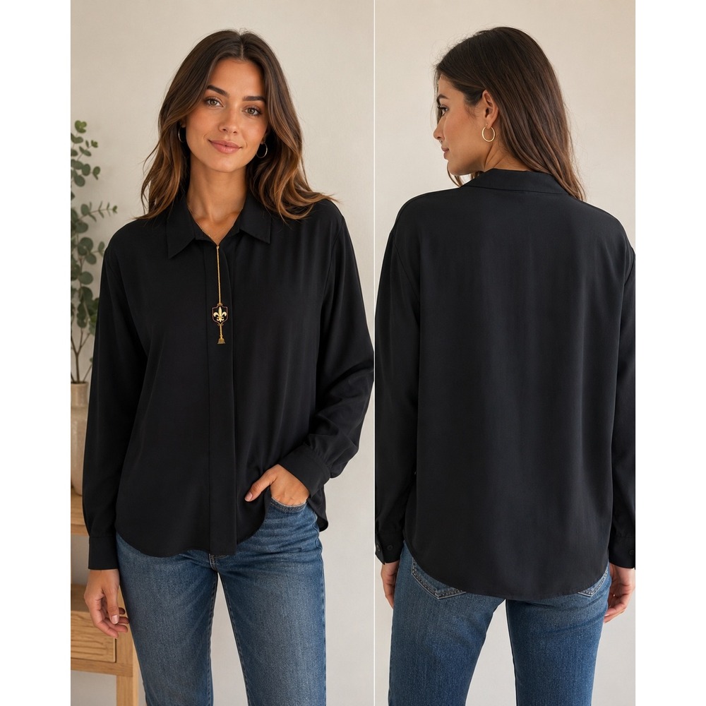 AKF New York Blouse Women 12 Black Rayon Fleur-de-lis Tassel Gold Button Cuff
